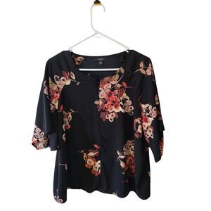 Alfani Women's Black Floral Short Sleeve Zipper Blouse Petite XL